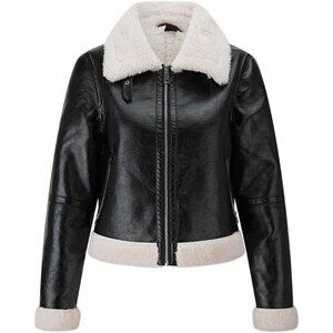 Women's Fur Leather Jacket Shearing Cropped Faux Fur Lined Moto Coat 156 Black